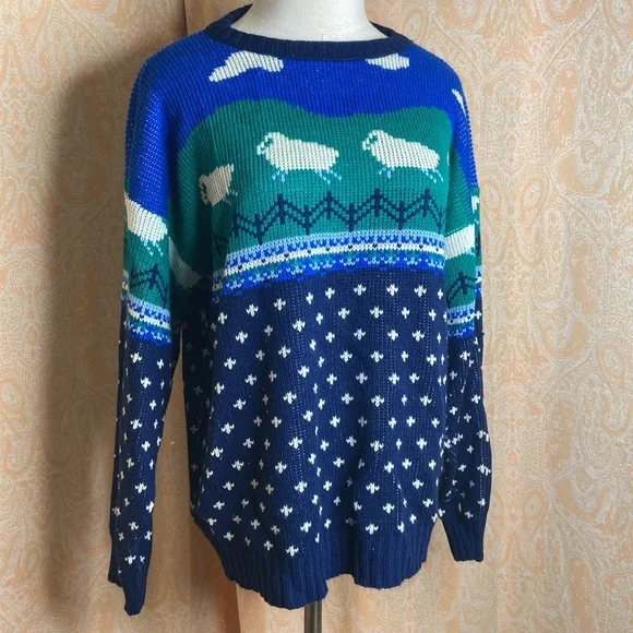 Vintage knit sweater sheep clouds pattern size large - Picture 6 of 11